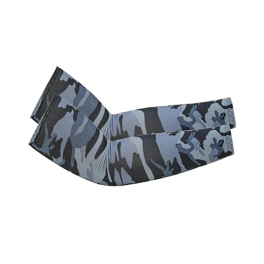 A pair of camouflage patterned cooling arm sleeves for UV protection.