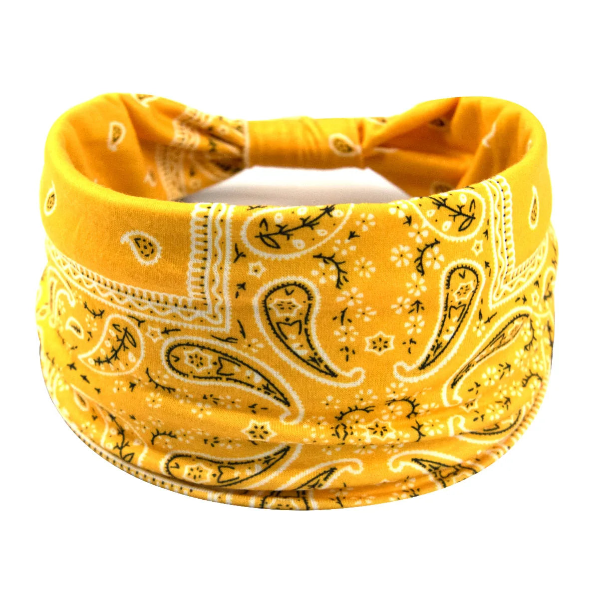 Gelbes Boho-Twist-Haarband für Damen mit filigranen gelben und schwarzen Blumenmustern