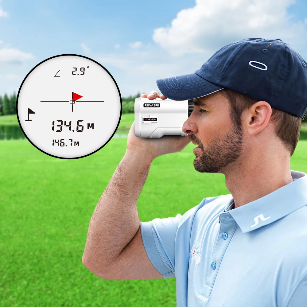 A man uses a Revasri laser rangefinder to measure distance on a golf course, with a target display visible.