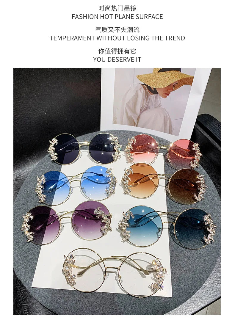 Women's Rhinestone Oversized Round Sunglasses with UV400 Protection