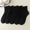 A row of black athletic crew socks laid flat on a light surface.