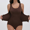A model wearing a dark brown zippered body shaper slimming bodysuit for tummy control.