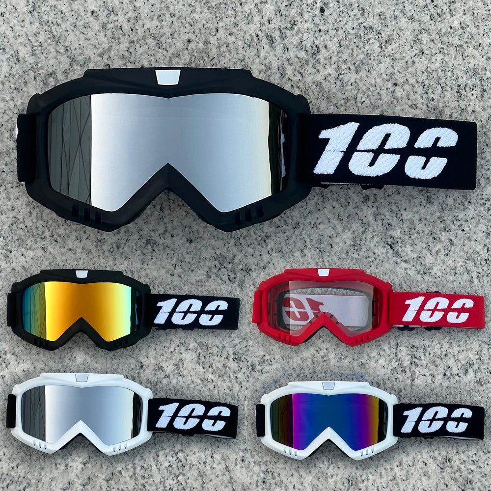 A collection of three pairs of 10C motorcycle and ATV goggles in black, red, and silver finishes.