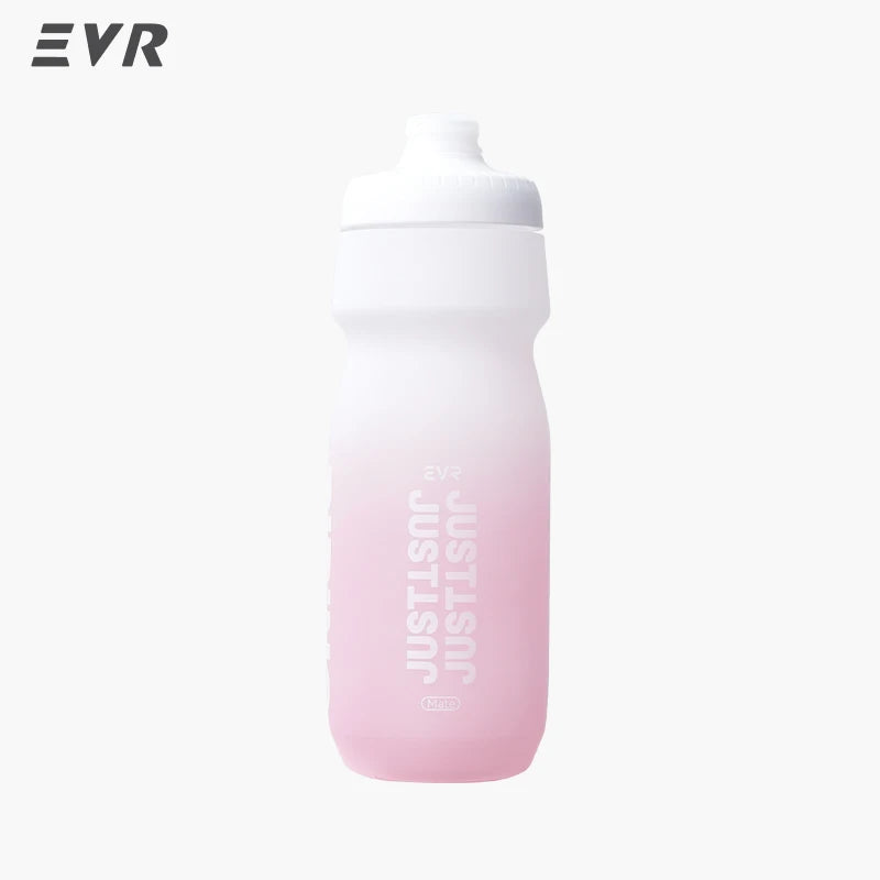 A pink squeezable cycling water bottle with a white cap.