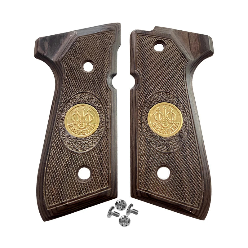 Two dark wood grips with a diamond pattern and brass emblems, along with mounting hardware.