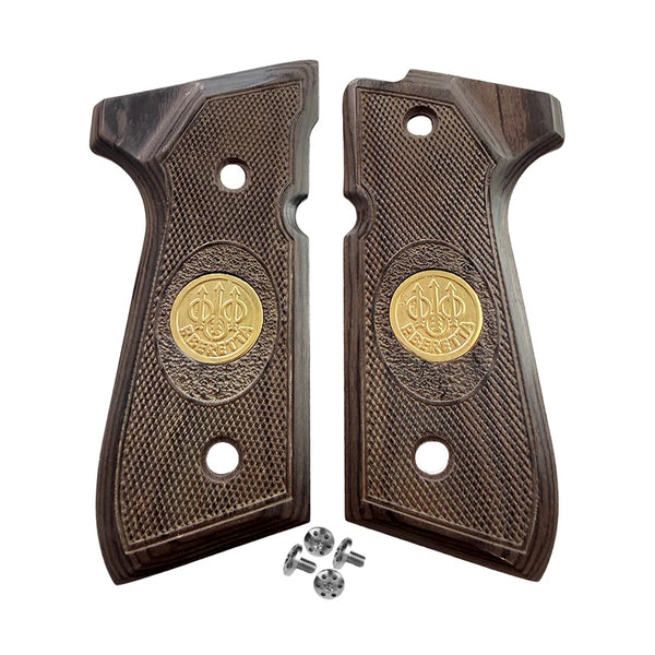 Two dark wood grips with a diamond pattern and brass emblems, along with mounting hardware.
