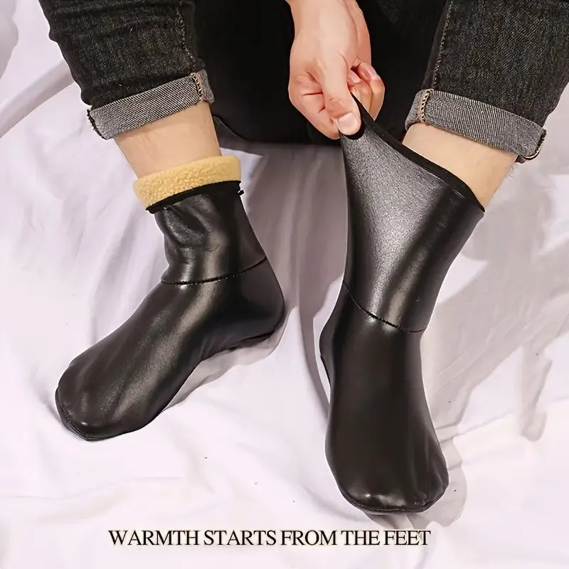 A pair of black leather boots with tan lining and gray fabric cuffs shown on a person's foot.