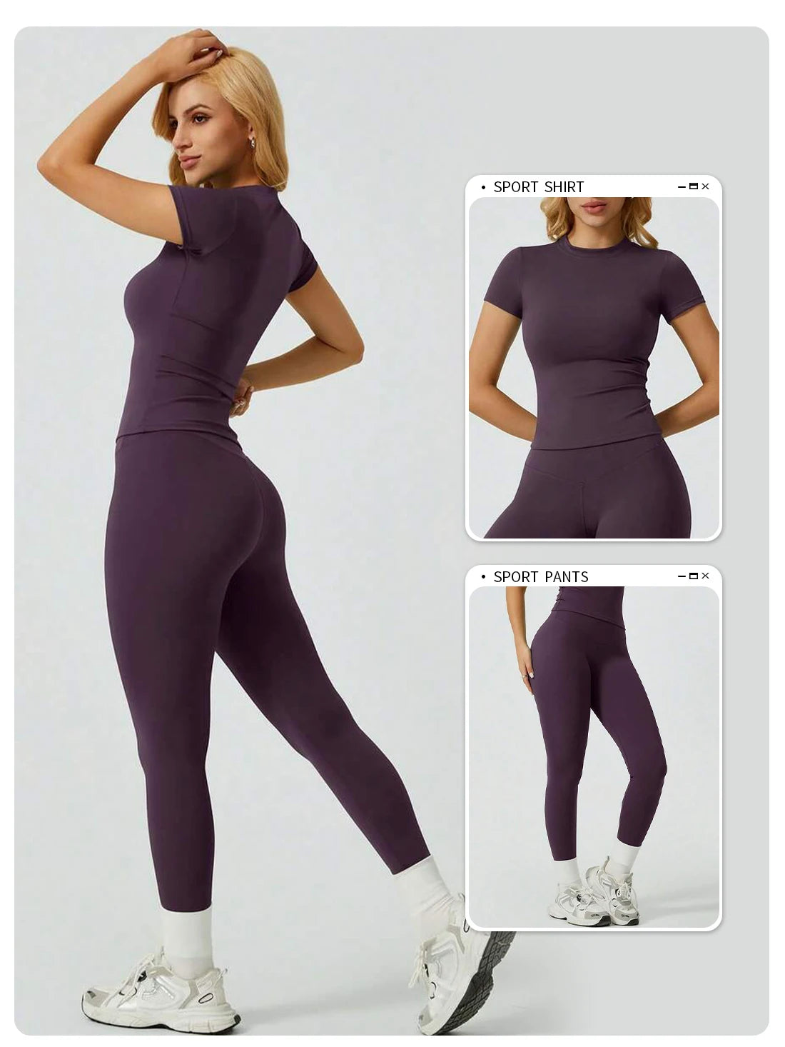 Model trägt ein lila Zweiteil-Yoga-Set mit hohen Leggings und einem kurzen Top.