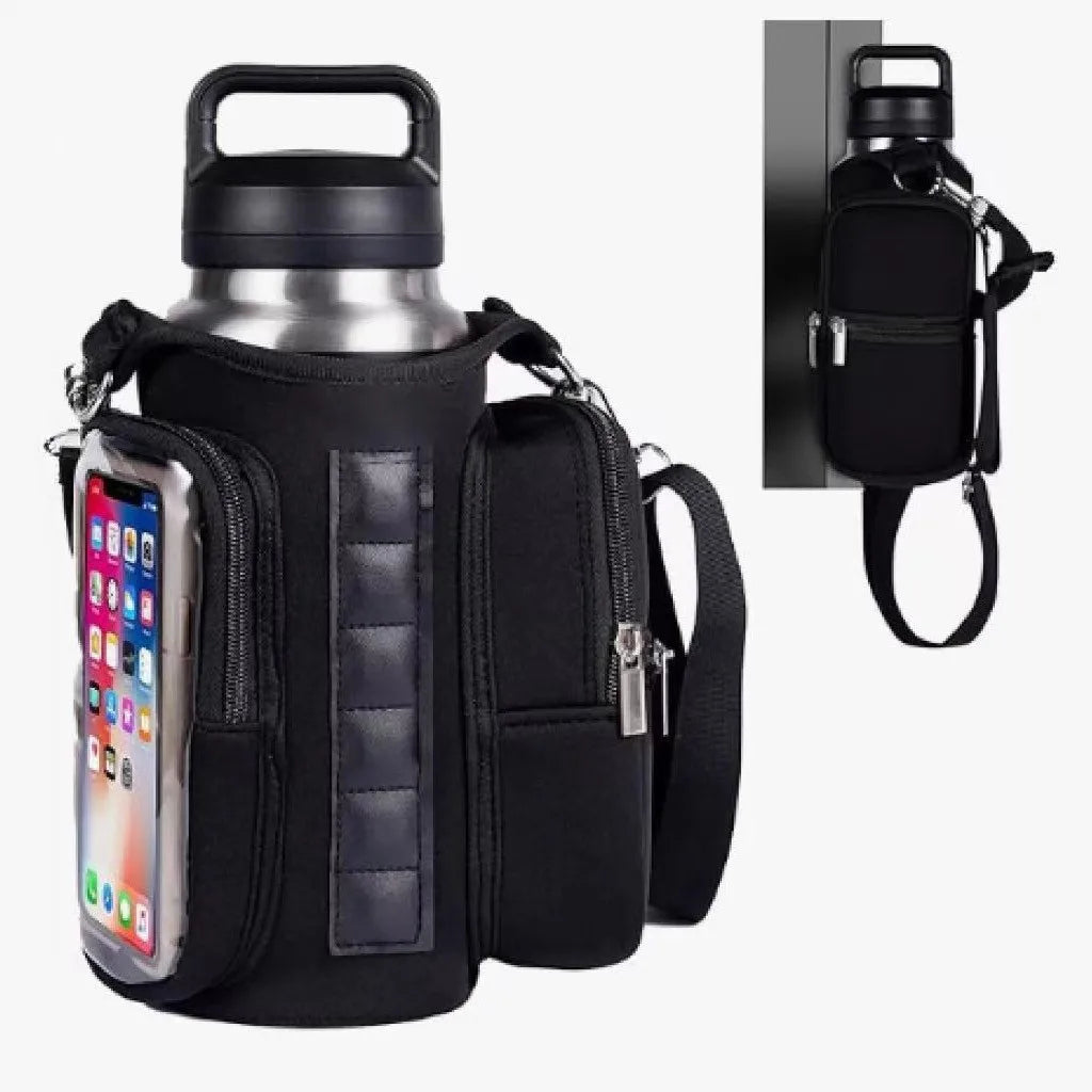 A black magnetic accessory holder designed to secure a smartphone and water bottle.