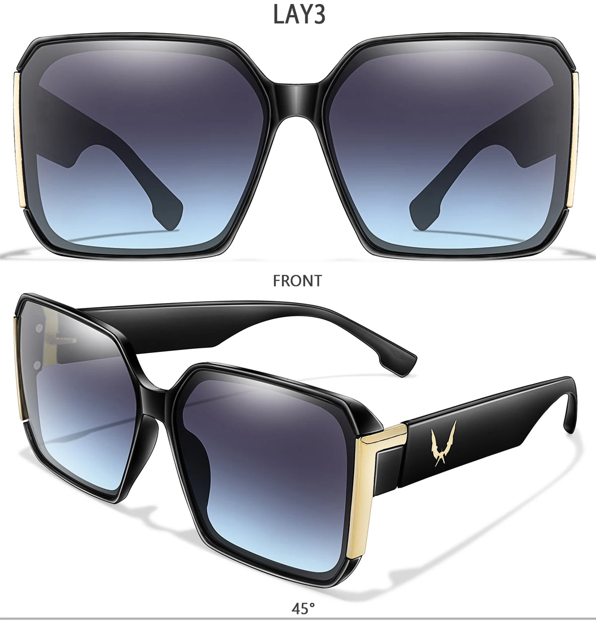 A pair of black square sunglasses shown from the front and a top-down view, with a 45 degree angle.