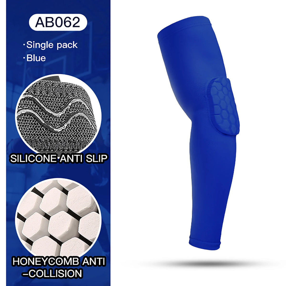 Blue silicone elbow support sleeve with a honeycomb anti-collision design