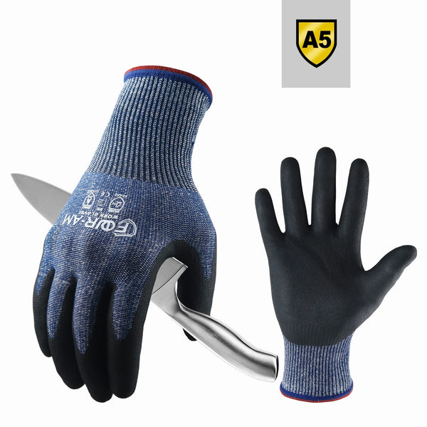 A pair of dark blue and black durable cut-resistant nitrile gloves shown against a white background.