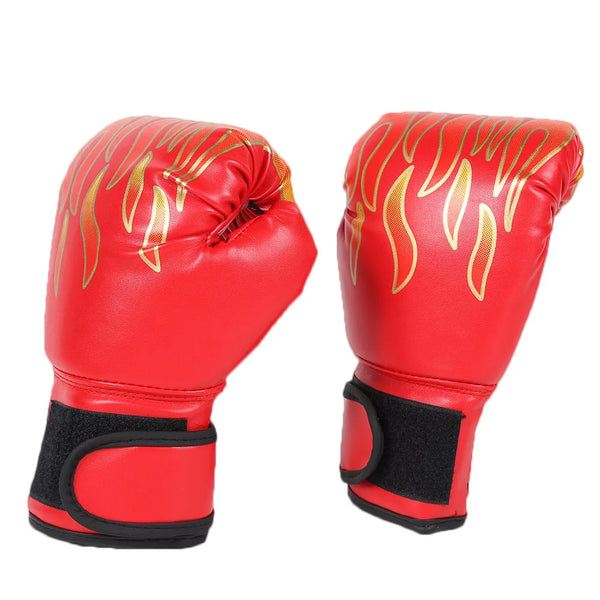 A pair of red boxing and Muay Thai training gloves with gold flame accents.