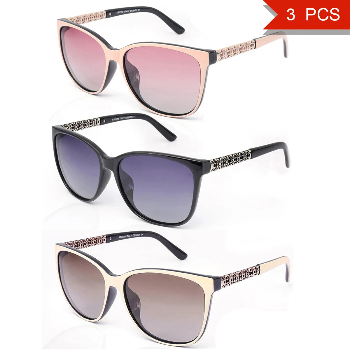 Trois paires de lunettes de soleil polarisées pour femmes aux montures roses, violettes et marron.