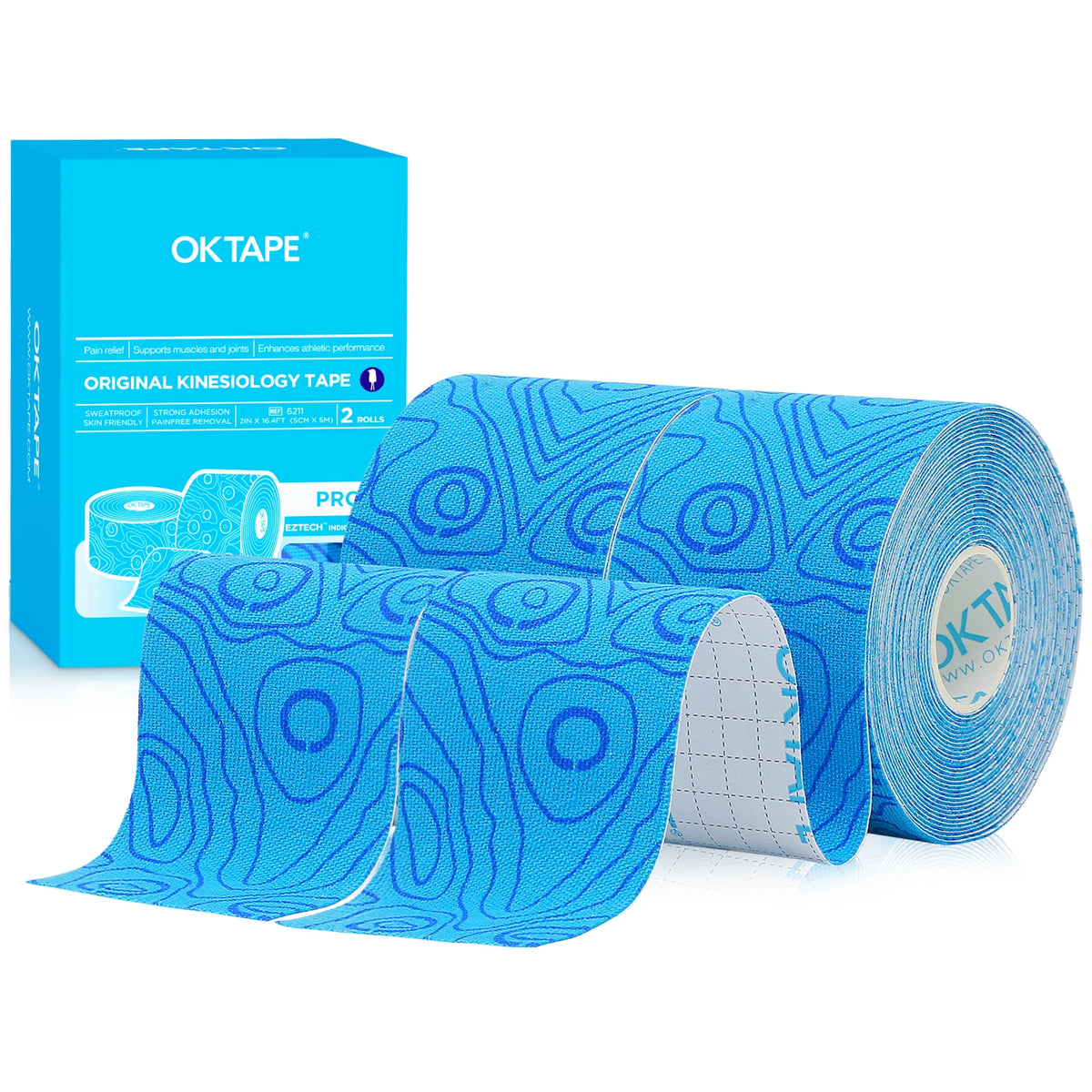 Rolls of blue kinesiology tape and a box labeled OKTAPE for muscle support