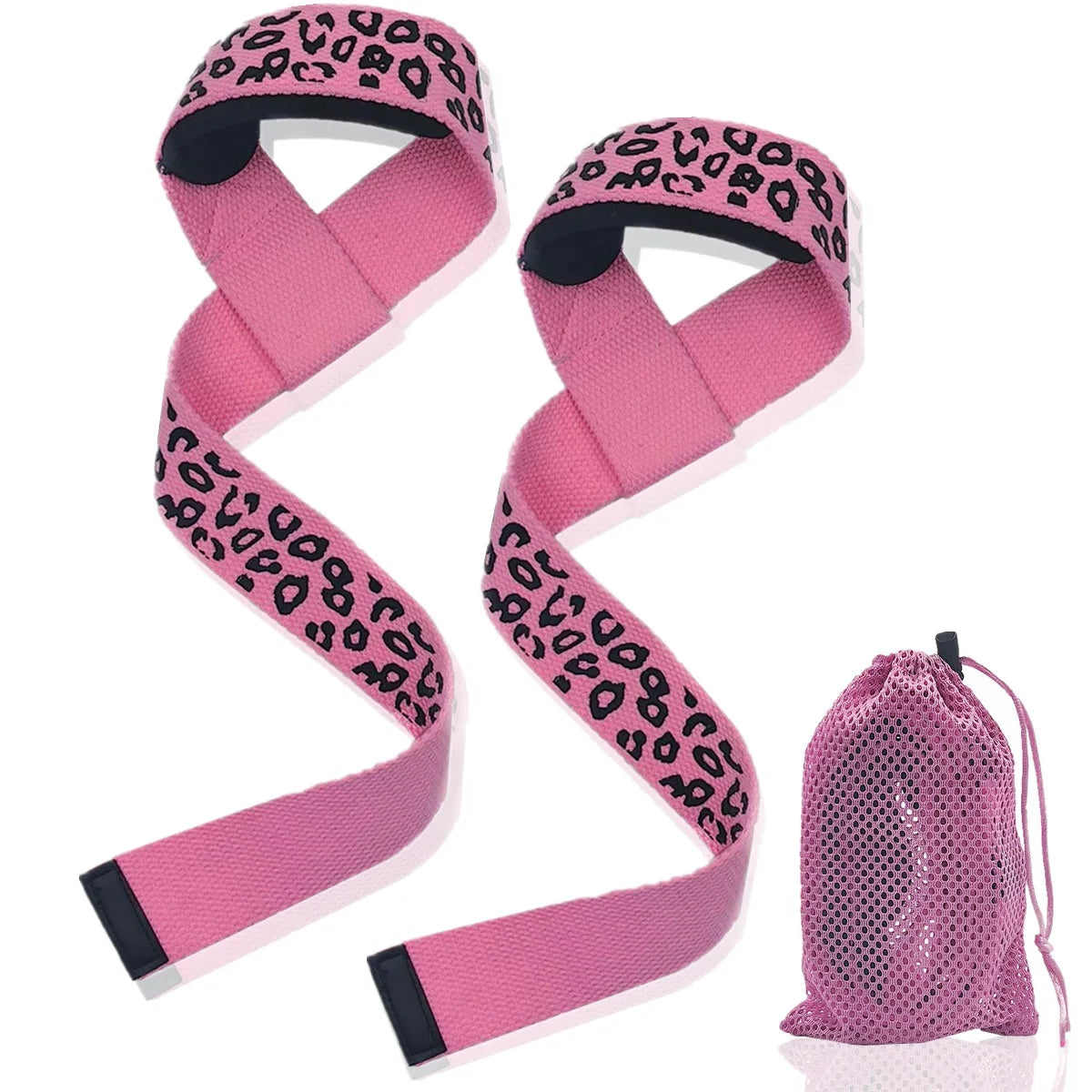 Pink patterned gym wrist strap with black accents shown from the side.