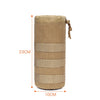 Tan tactical MOLLE water bottle pouch with adjustable drawstring and measurement lines