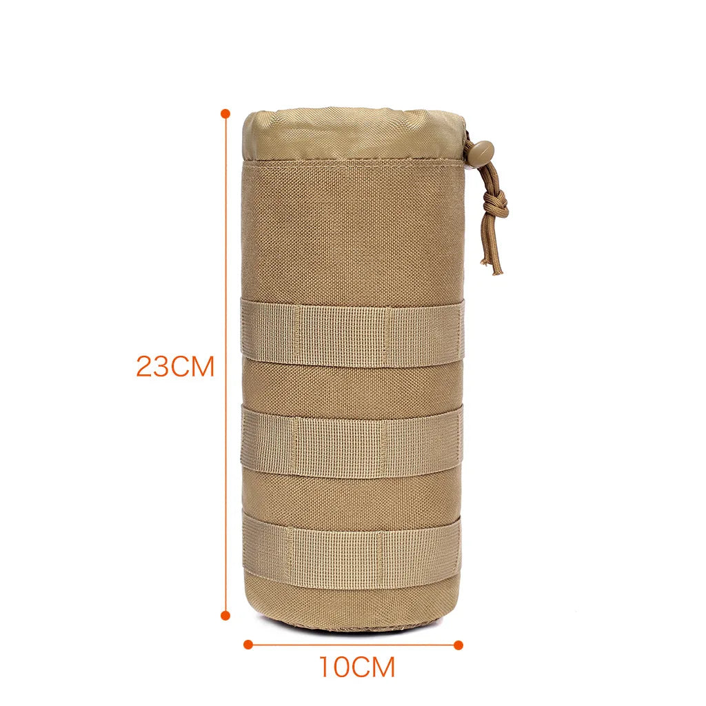 Tan tactical MOLLE water bottle pouch with adjustable drawstring and measurement lines