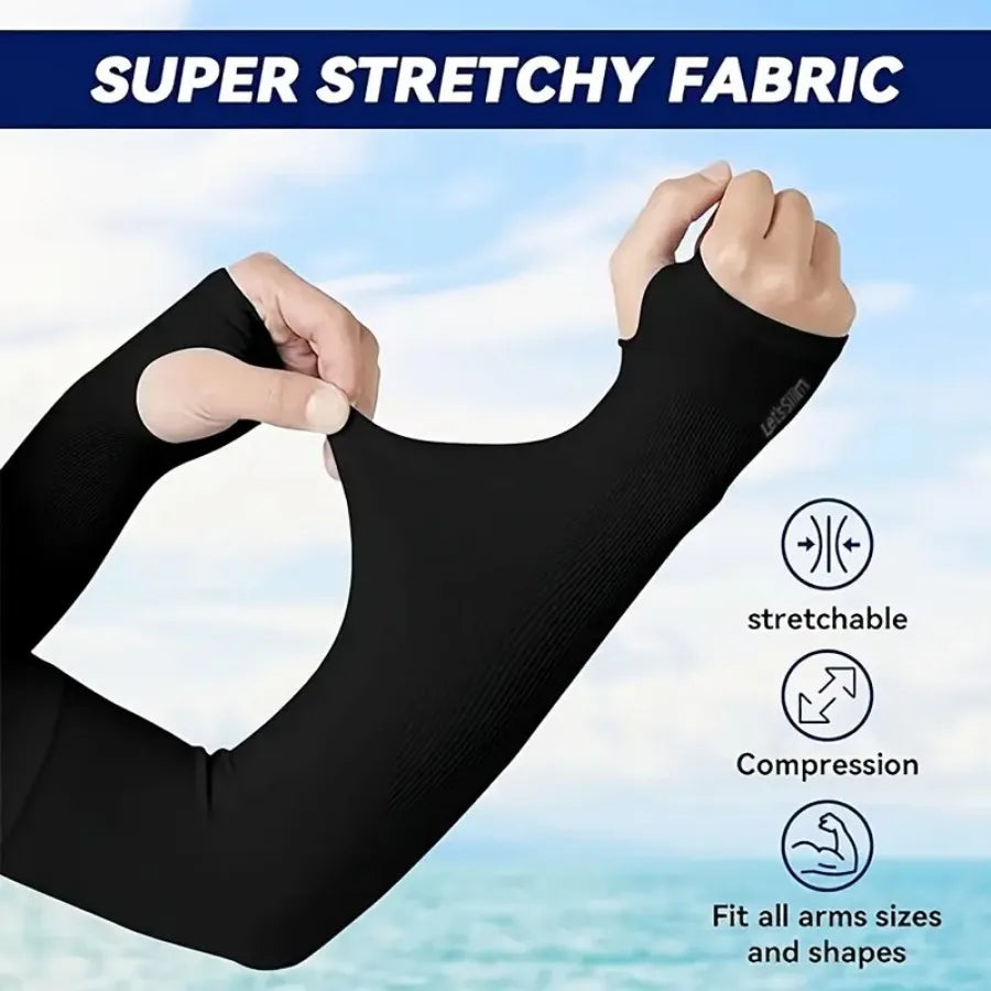 Black super stretchy fabric arm sleeves being stretched by a hand, demonstrating stretchable compression.