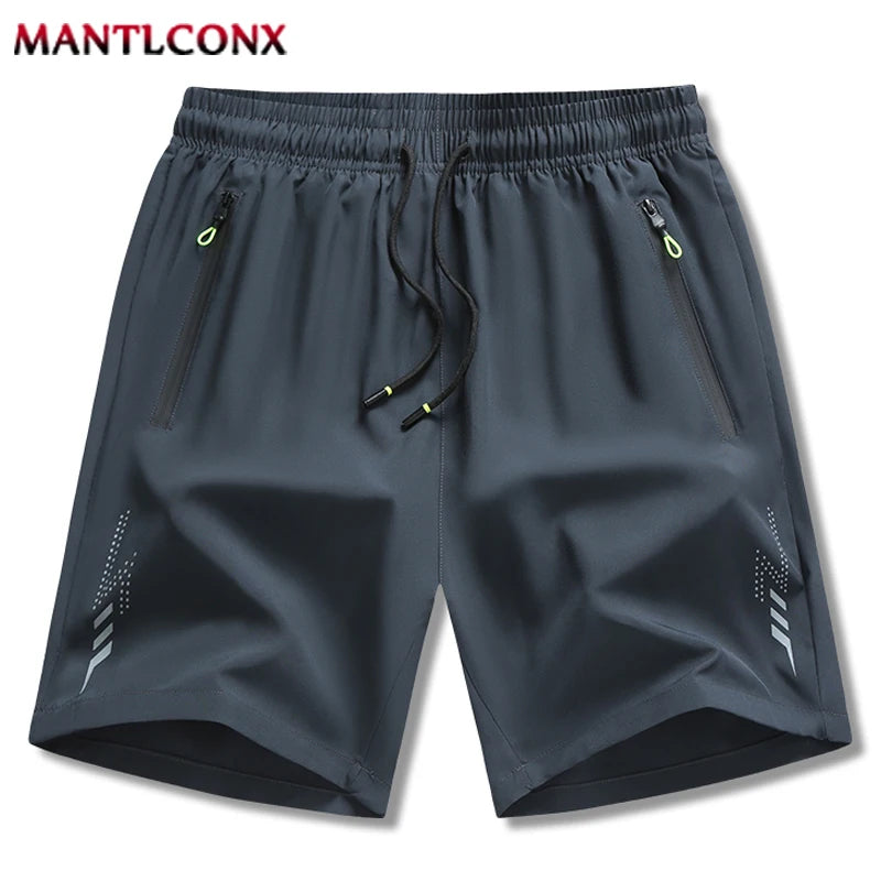 Dunkelgraue Herren-Athletikshorts zum schnellen Trocknen mit Reißverschlusstaschen und Kordelzug