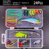 A kit of fishing lures including hard bait, soft bait, and various sequins packaged in a clear plastic box.
