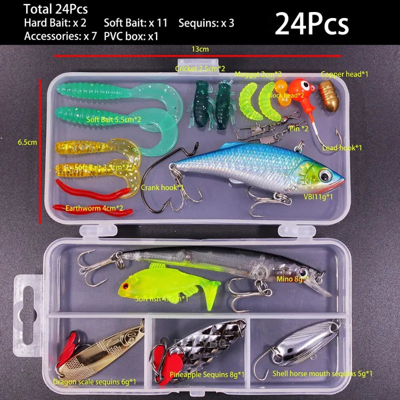 A kit of fishing lures including hard bait, soft bait, and various sequins packaged in a clear plastic box.