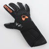 Black professional football goalkeeper gloves with an orange logo and Defigo branding