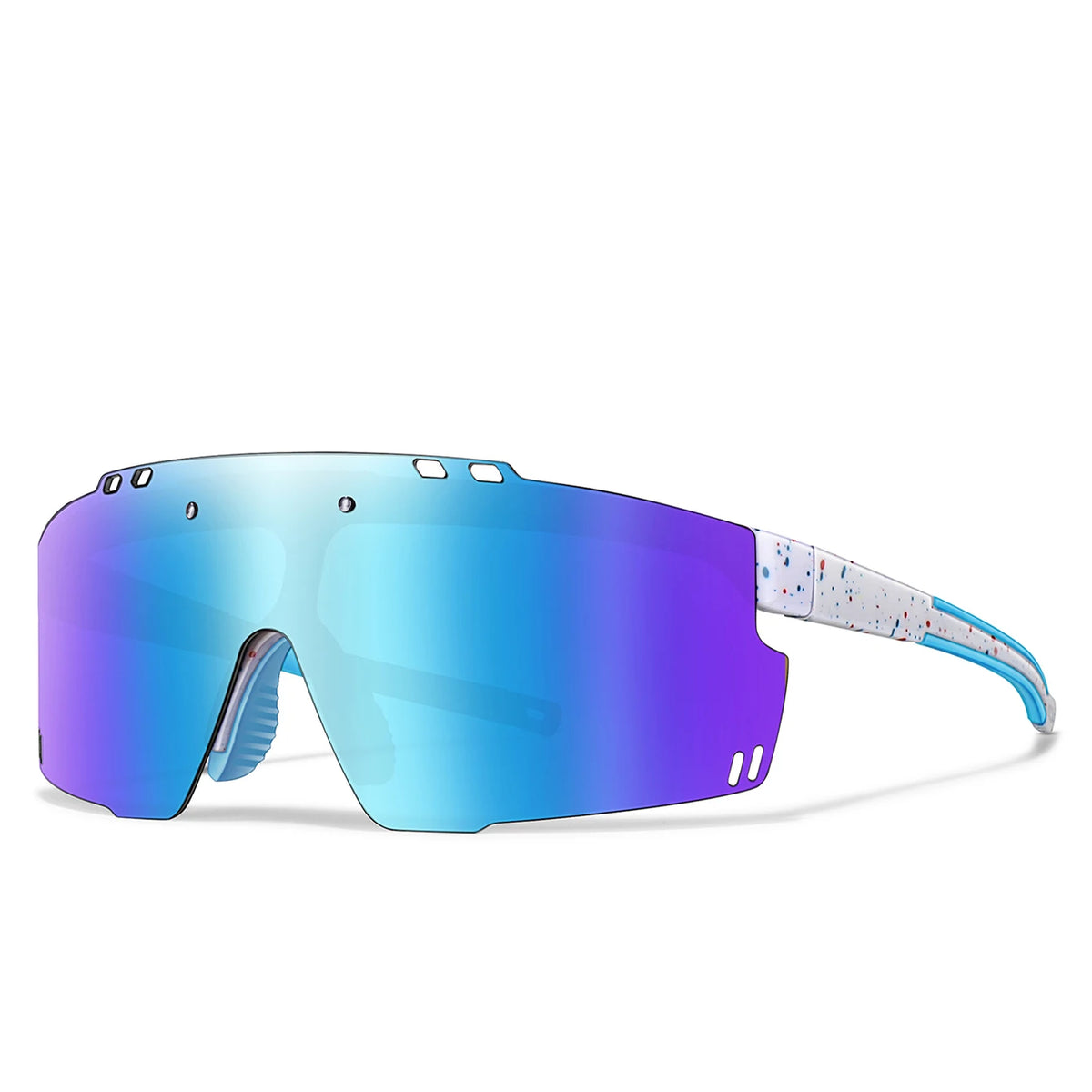A pair of blue-tinted cycling sunglasses with a white patterned arm, shown from the side.