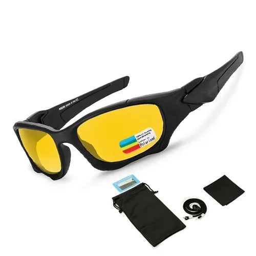 A pair of black polarized sports sunglasses with yellow lenses and a black case.
