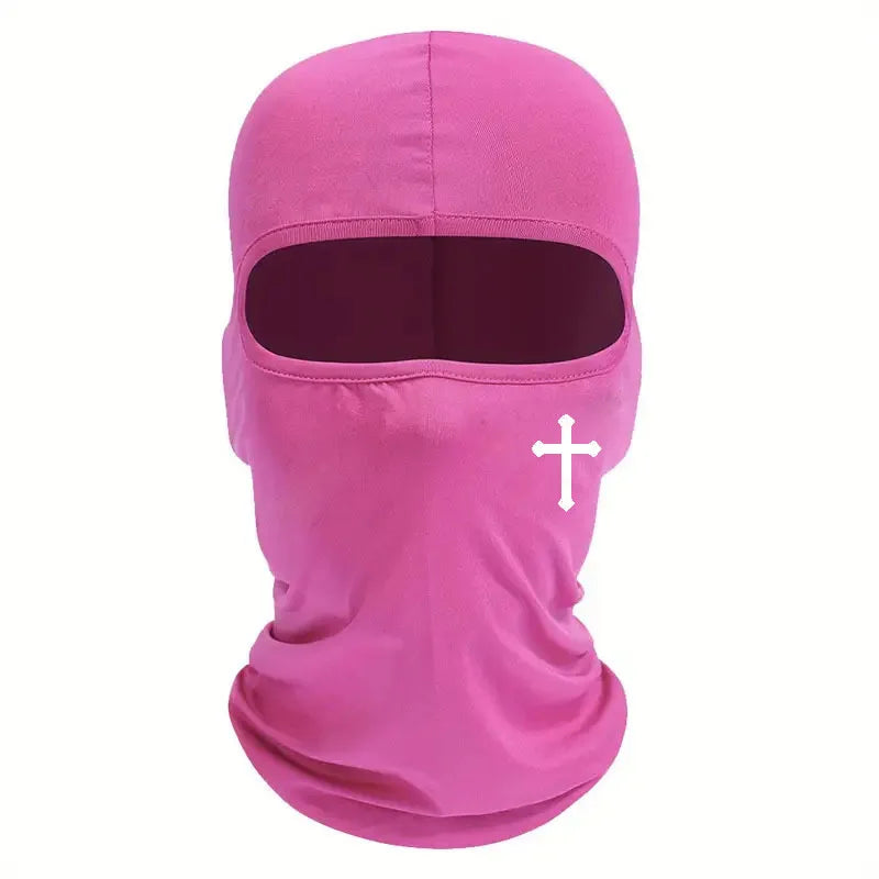 Helle pinke atmungsaktive Vollgesichts-Balaclava-Skimaske mit weißer Kreuzverzierung.