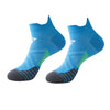 A pair of blue breathable anti-blister running socks shown from above.