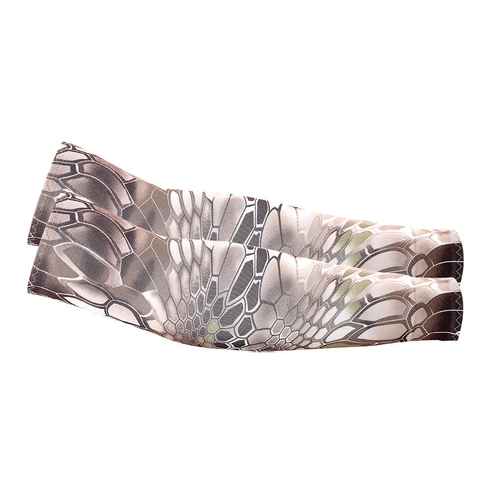 A pair of unisex cooling arm sleeves featuring a camouflage pattern with shades of gray and green.