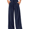 Navy blue flowy high waist drawstring wide leg pants worn by a person.