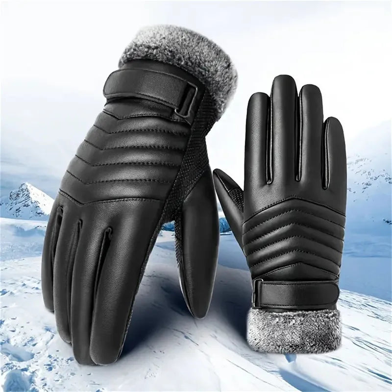 Black extreme cold-proof ski gloves displayed on a snowy outdoor background.