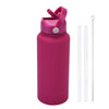 A pink stainless steel vacuum flask water bottle with a hinged lid and a separate metal straw.