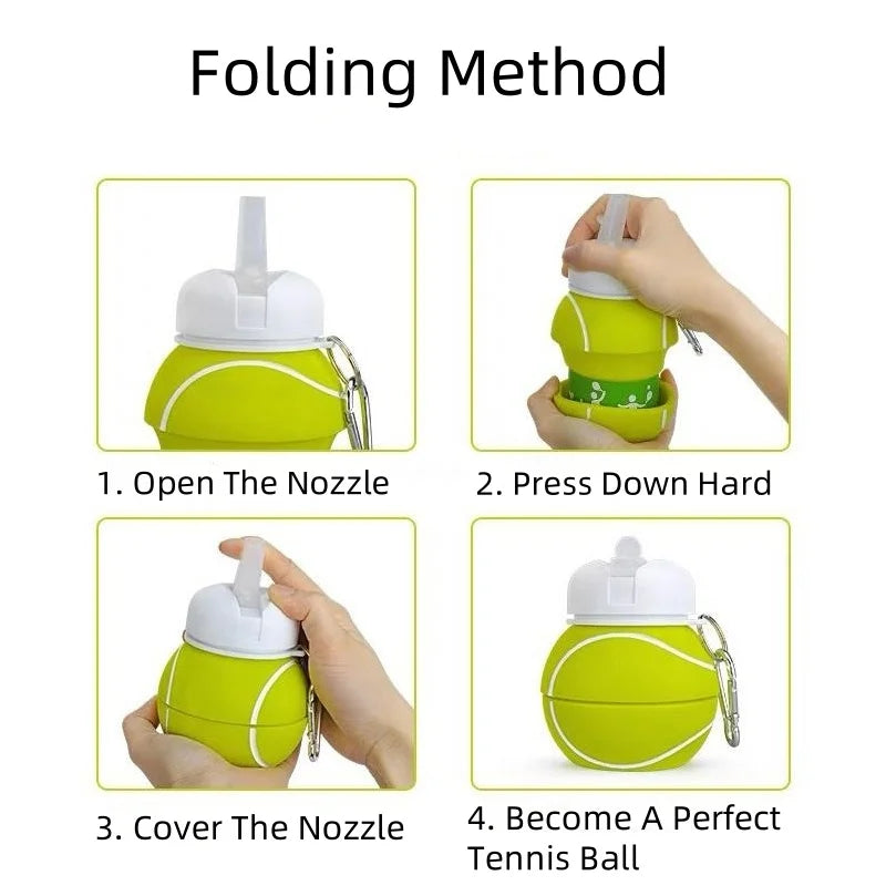 Instructions for folding a silicone sports water bottle into a tennis ball shape.