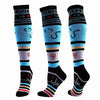 A set of black compression socks featuring nurse themes and various stripes.