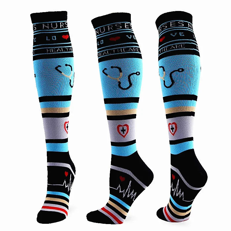 A set of black compression socks featuring nurse themes and various stripes.
