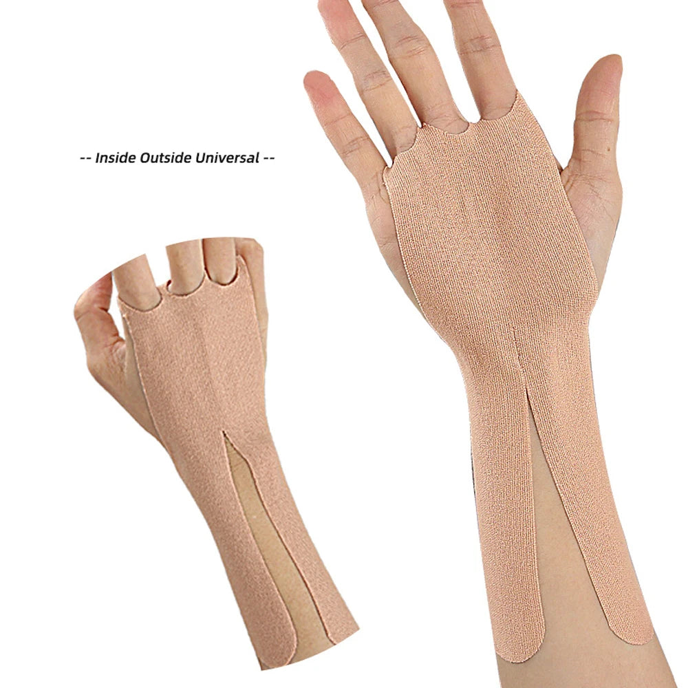 Hand wearing beige kinesiology tape on palm and fingers, demonstrating inside and outside application.