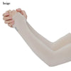 A beige arm sleeve being worn, showing the fit and texture of the sun protection product.