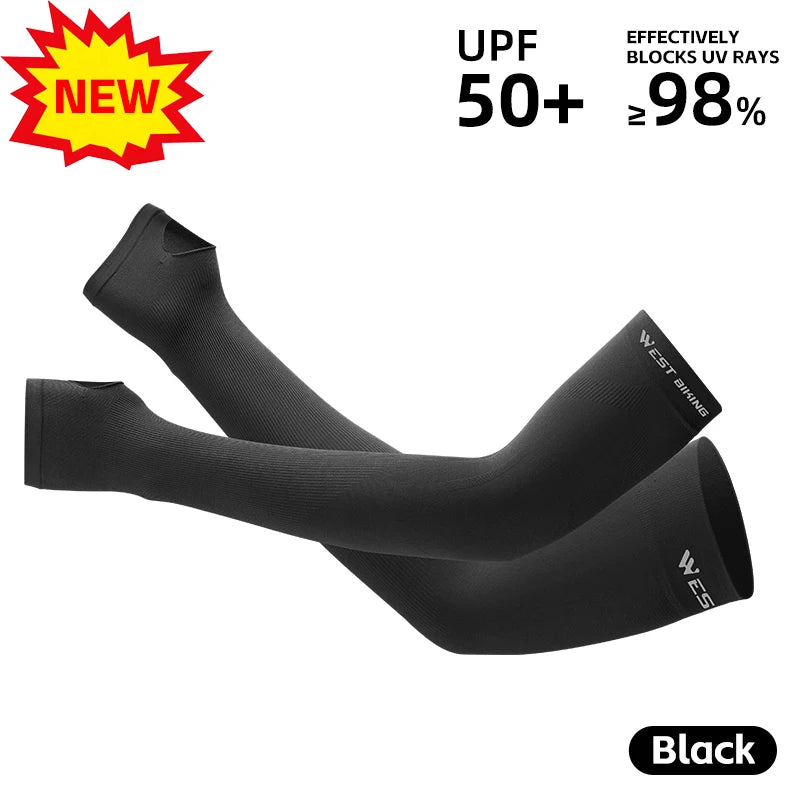 Black fingerless arm sleeves designed for UV protection and warmth.