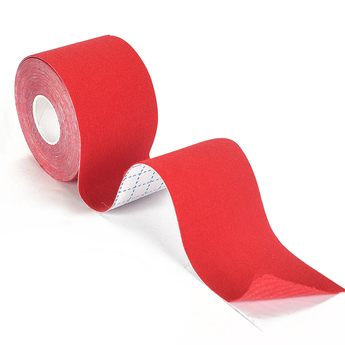 Roll of red wrinkle smoothing tape unwound, showing the adhesive side.