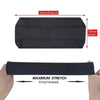 Black elastic sports headband shown flat and stretched on a hand for size reference
