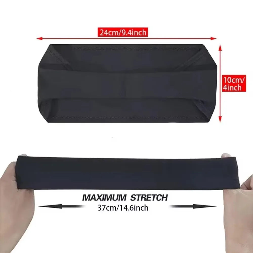 Black elastic sports headband shown flat and stretched on a hand for size reference