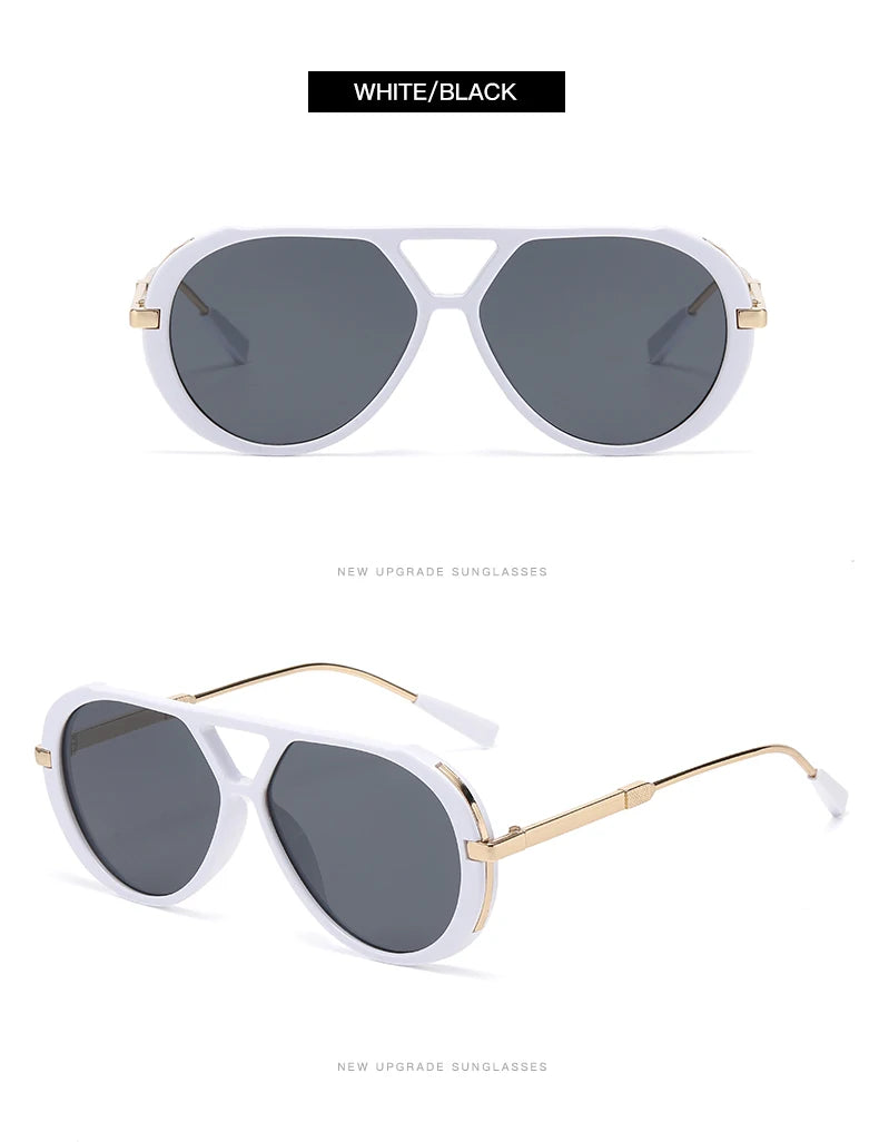 White and black sunglasses with gold accents shown in a studio shot.