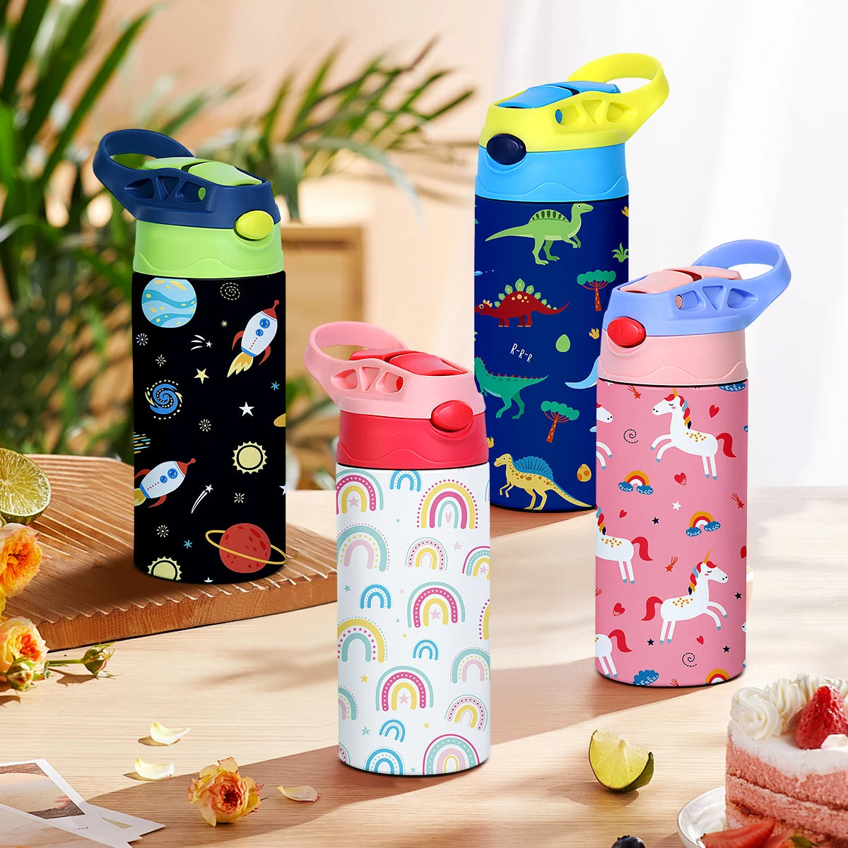 A collection of colorful cartoon pattern insulated stainless steel thermos cups featuring various animal and nature themes.
