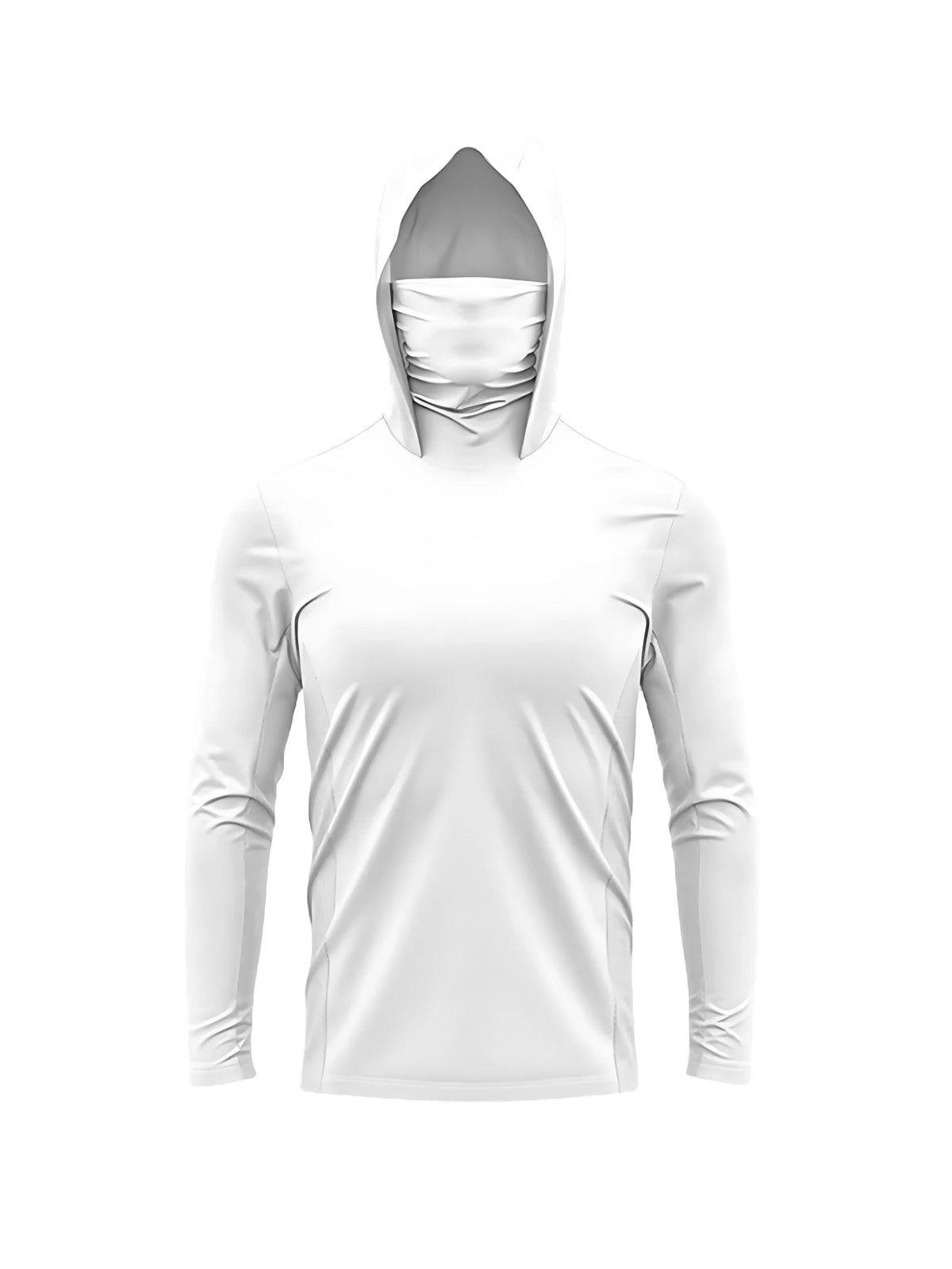 Weißes Herren-Outdoor-Sun-Protection-Langarmshirt mit Kapuze sichtbar.