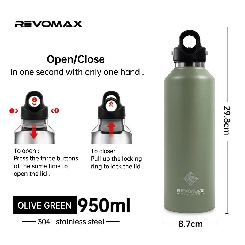 Olive green 950ml Revolmax insulated stainless steel thermos showing open and closed states