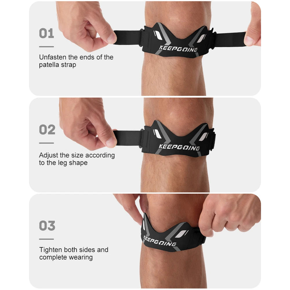Demonstration of how to fasten, adjust, and tighten a black patella knee strap for pain relief.