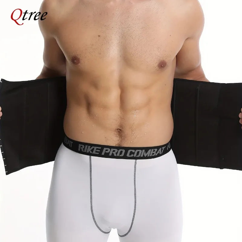A man wearing a black slimming corset waist trainer belt over white athletic wear.